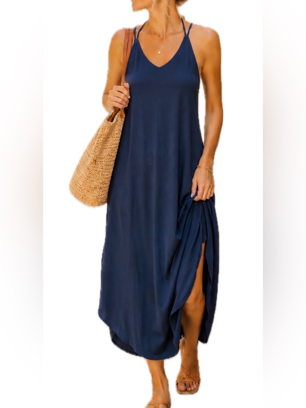 Women's L Blue Solid V-Neck Strappy Sleeveless Maxi Slip Dress Polyester